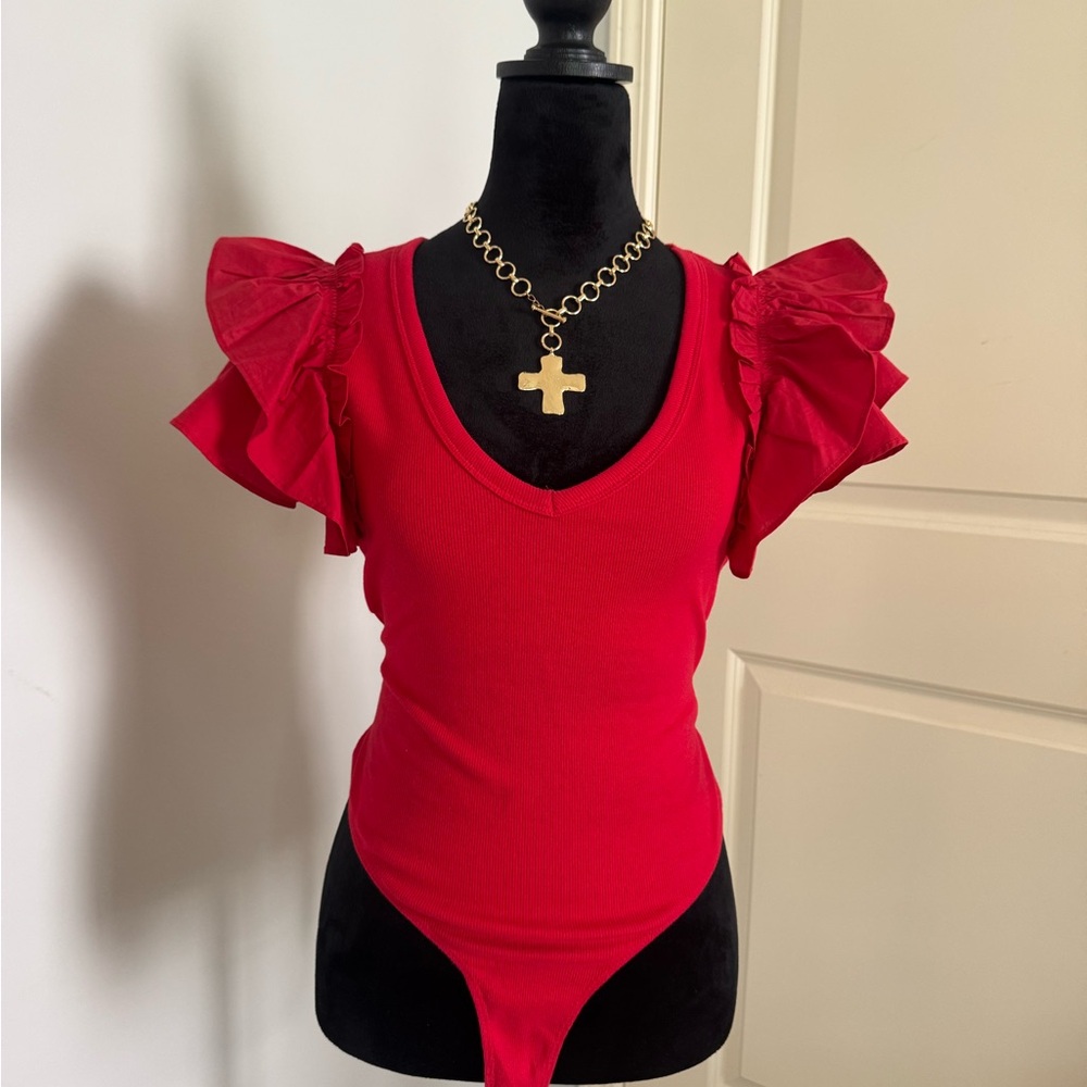Uga game day Red Ruffled Flutter Sleeve Bodysuit